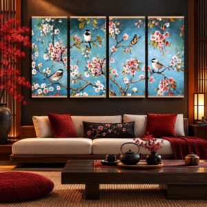 Tableau 4 Pièces - Oiseaux et Branches de Cerisier Japonais en Fleurs