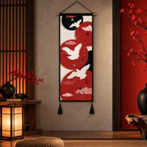 Tableau Ambiance Japonaise - Grues Célestes sur Fond de Soleils Rouges