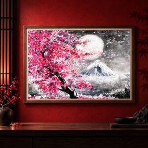 Tableau Japonais Argenté - Cerisier Fleuri Rose & Mont Fuji