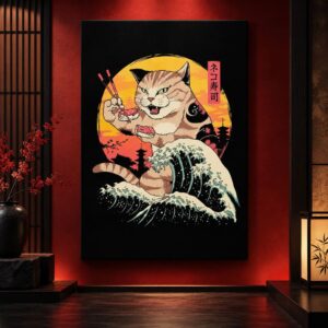 Tableau Japonais Art Abstrait - Chat, Vague, Temple & Sushi