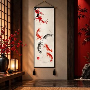 Tableau Japonais Blanc - Poissons Rouges et Noirs
