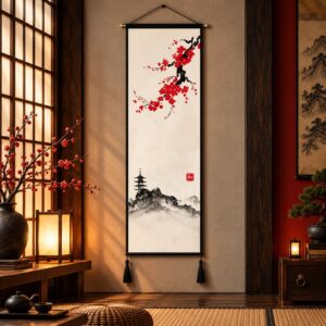 Tableau Japonais Branche de Cerisier Rouge sur Fond Blanc