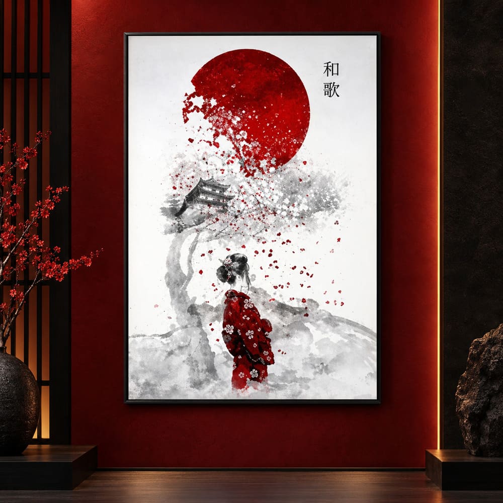 Tableau Japonais Contemporain - Femme et Soleil Rouge, Fond Blanc