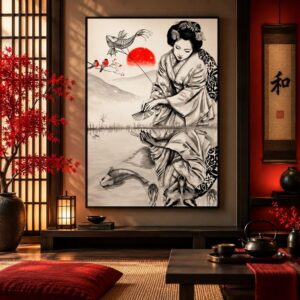 Tableau Japonais Design - Carpe Koi, Oiseaux, Kitsune et Geisha