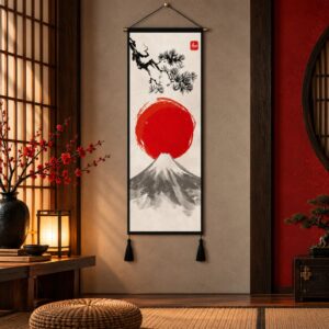 Tableau Japonais Mont Fuji, Branche de Cerisier et Soleil Rouge