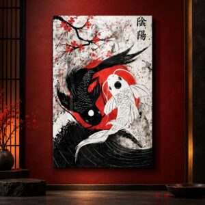 Tableau Japonais Noir, Blanc et Rouge - Carpes Koï Yin Yang & Grande Vague