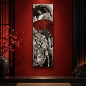 Tableau Japonais Noir et Blanc - Femme Élégante et Eventail Rouge