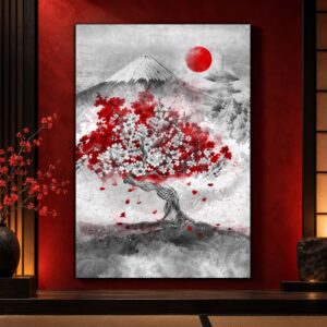 Tableau Japonais Noir et Blanc - Mont Fuji, Soleil et Sakura Rouge