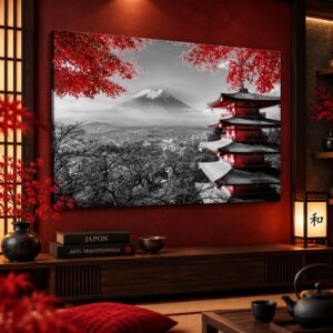 Tableau Japonais Noir et Blanc - Temple Rouge & Mont Fuji