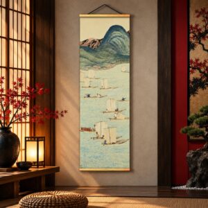 Tableau Japonais Paysage Côtier Vintage - Voiliers en Mer
