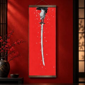 Tableau Japonais Rouge - Katana & Fleurs de Cerisier