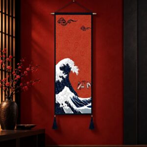 Tableau Japonais Vague & Carpe Koi sur Fond Rouge