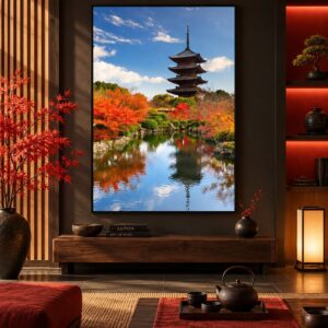 Tableau Japonais Zen - Temple, Arbres Fleuris et Rivière