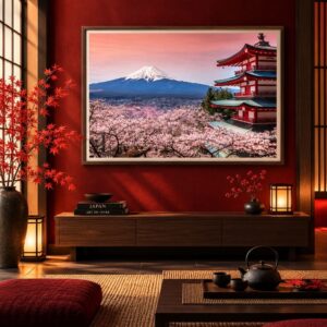 Tableau Japonais - Cerisier, Mont Fuji & Temple