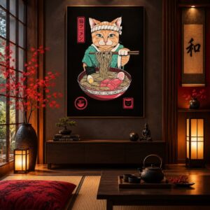 Tableau Japonais - Chat Mangeur de Nouilles