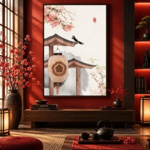 Tableau Mural Japonais Pastel - Branche Fleurie & Lanterne