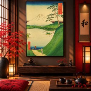 Tableau Paysage Japonais - Lac, Herbe Verte et Mont Fuji Enneigé