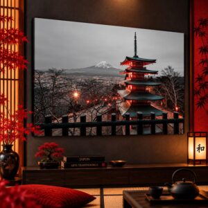Tableau Paysage du Japon - Temple et Mont Fuji