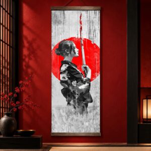 Tableau Peinture Japonais - Guerrière, Sabre et Soleil Rouge