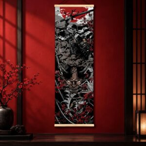 Tableau Thème Art Japonais - Guerrier en Furie et Fleurs Rouges