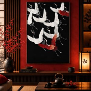 Tableau Japonais Envol de Grues sur Fond Noir