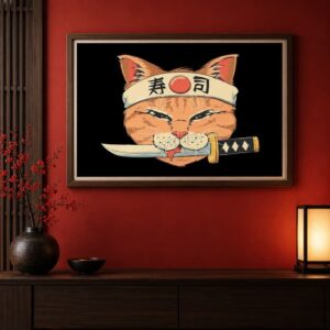 Tableau Japonais Vintage - Chat, Hachimaki et Couteau entre les Dents
