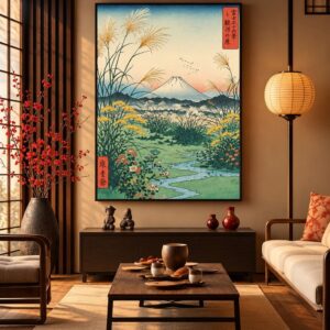 Tableau Japonais Vintage - Prairie Fleurie & Mont Fuji