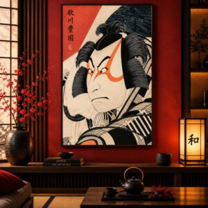 Tableau Japonais Vintage Abstrait - Tête d'Homme Guerrier