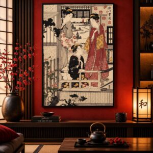 Tableau Japonais Vintage - 3 Geishas dans un Cadre Bucolique