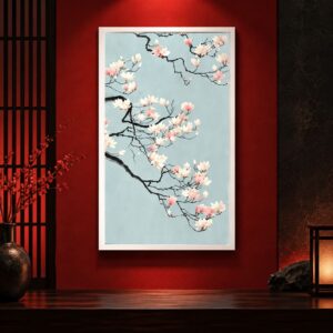 Tableau Fleurs Roses de Cerisier Japonais sur Fond Bleu Ciel