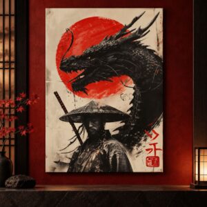 Toile Dragon Japonais Soleil Rouge