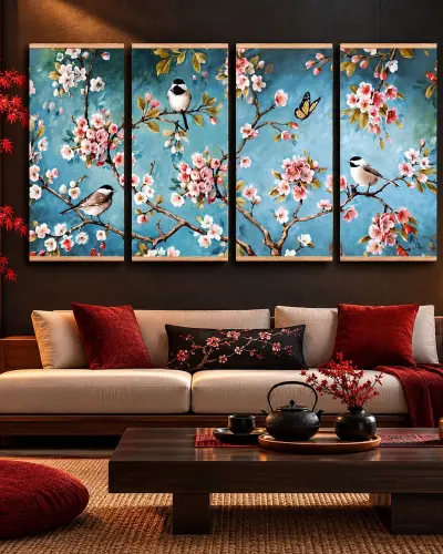 Tableau 4 Pièces – Oiseaux et Branches de Cerisier Japonais en Fleurs