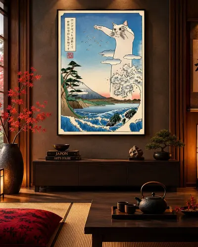 Tableau Paysage Japonais – Chat Géant et Mer Agité
