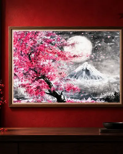 Tableau Japonais Argenté – Cerisier Fleuri Rose & Mont Fuji