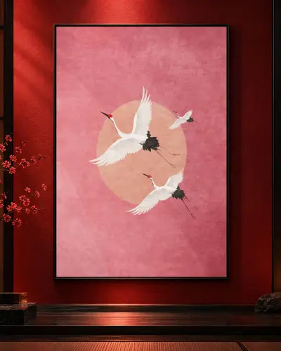 Tableau Grues Japonaises Rose