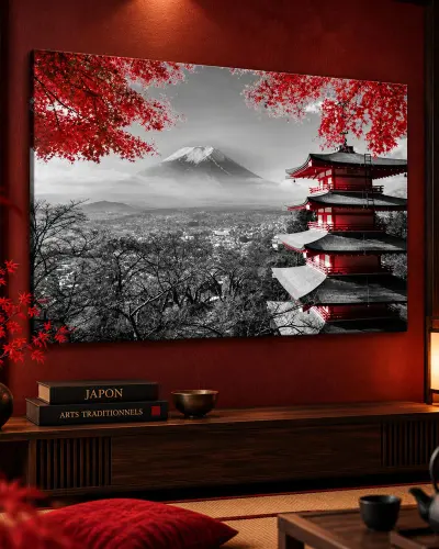 Tableau Japonais Noir et Blanc – Temple Rouge & Mont Fuji